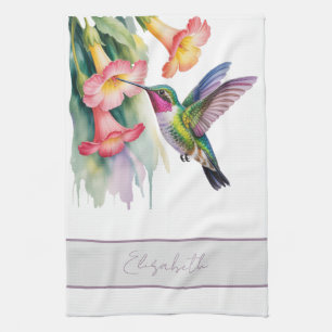 Vattenfärg Kolibri med Blommor Kökshandduk