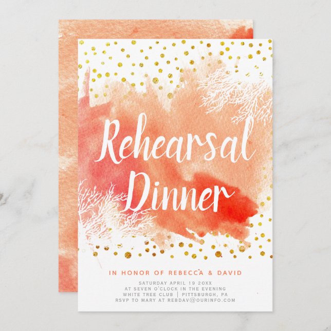 Vattenfärg, korallrev, bröllop-repetitionsmiddag inbjudningar (Fram/baksida)