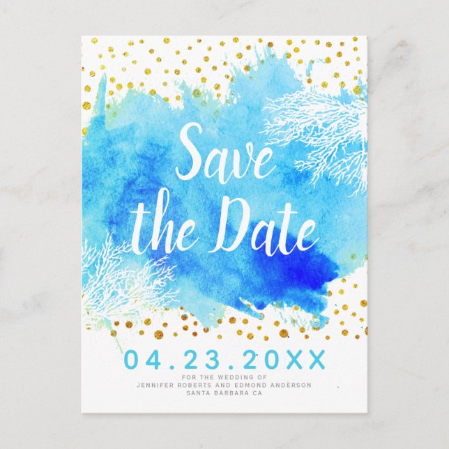 Vattenfärg, korallrev bröllop spara datum meddelande vykort (Framsida)