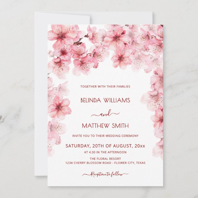 Vattenfärg Körsbärsblom Wedding Inbjudningar (Framsida)