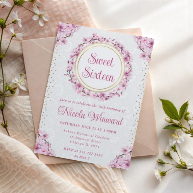 Vattenfärg Körsbärsblommor Krans Sweet 16 Inbjudningar (Skapare uppladdad)