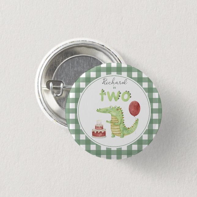 Vattenfärg krokodil 2:a födelsedag knapp (Framsida & baksida)