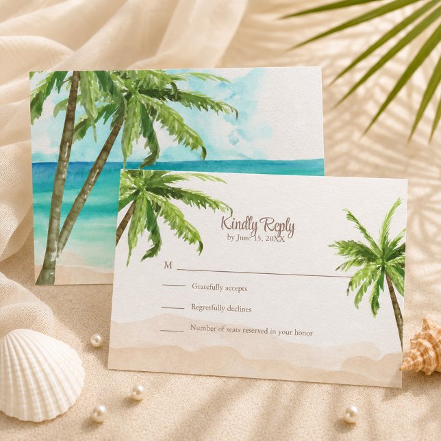 Vattenfärg kuststrand med palmer bröllop OSA kort (Watercolor Coastal Beach with Palm Trees Wedding RSVP Card)