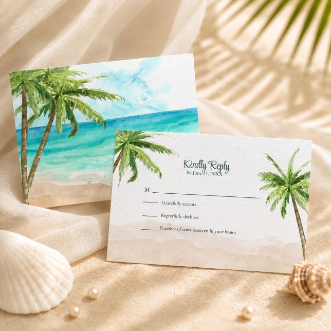 Vattenfärg kuststrand med palmer bröllop OSA kort (Watercolor Coastal Beach with Palm Trees Wedding RSVP Card)