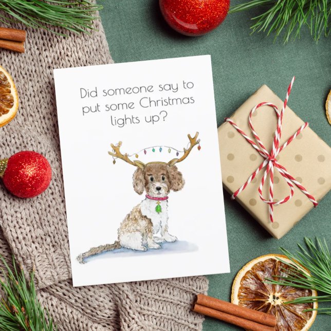 Vattenfärg Labradoodle Julbelysning Horn Helgkort (Skapare uppladdad)