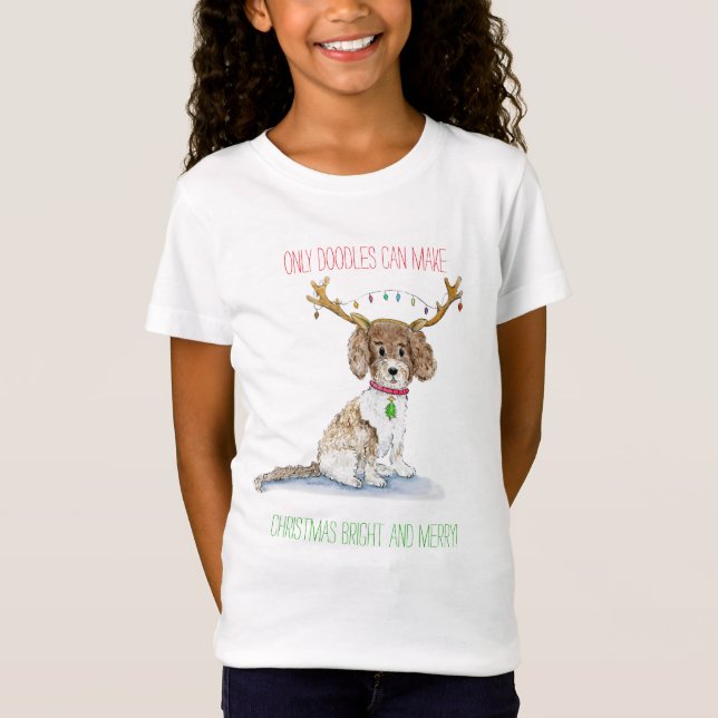 Vattenfärg Labradoodle Julbelysning Horn T Shirt (Framsida)