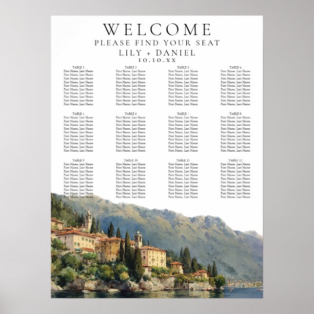 Vattenfärg Lake Como italiensk bröllopsplatskarta Poster (Framsidan)
