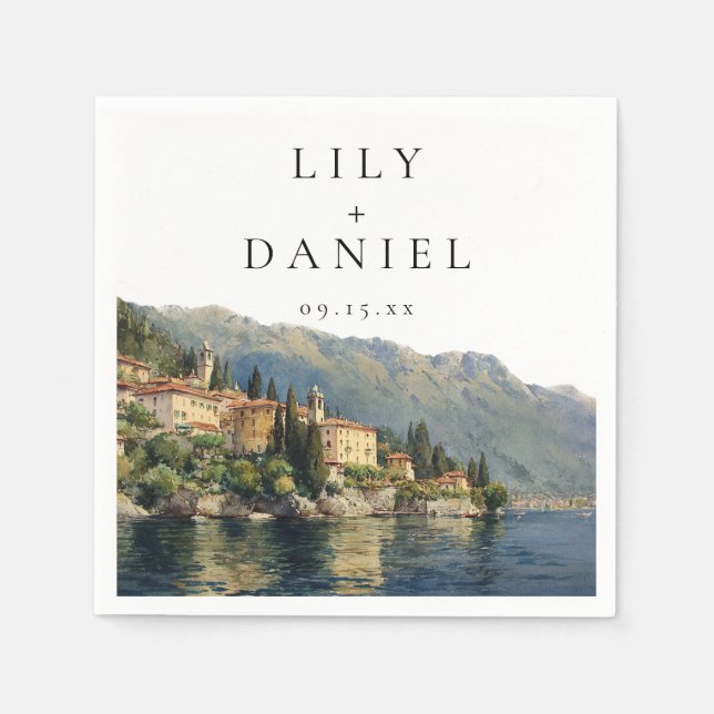 Vattenfärg Lake Como italienskt destinationbröllop Pappersservett (Framsidan)