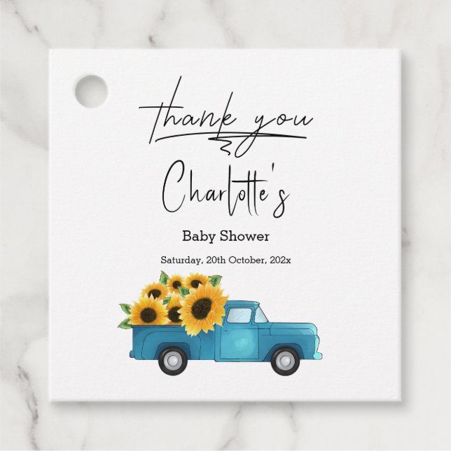 Vattenfärg Lastbil med Solblommor Baby Shower Gåvor Etiketter (Framsida)