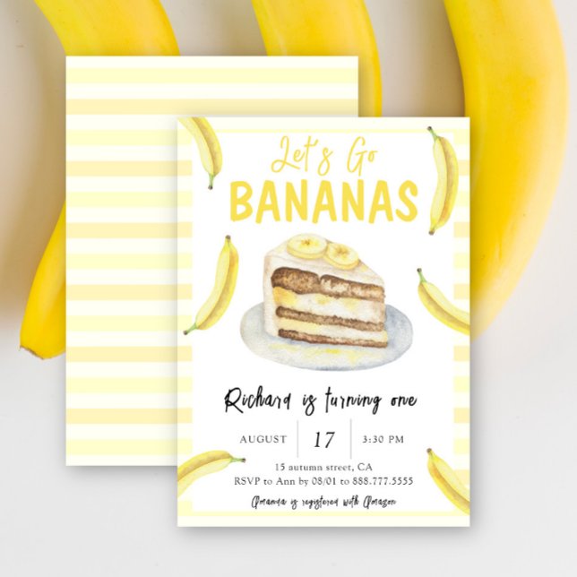 Vattenfärg Låt oss Go Bananas Födelsedagsfest Inbjudningar (Skapare uppladdad)