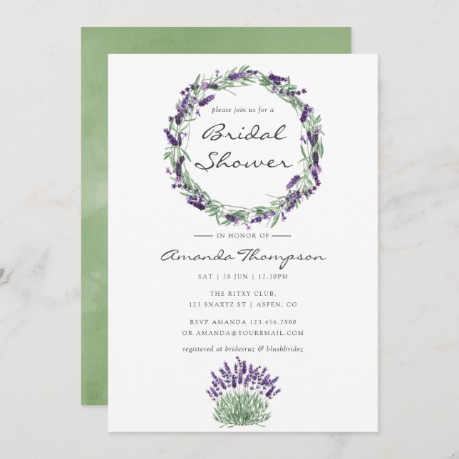 Vattenfärg Lavendel Bröllopsdusch Inbjudan (Fram/baksida)