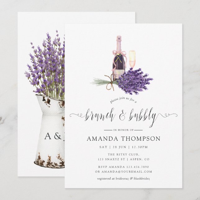 Vattenfärg Lavendel Cottage Chic Brunch och Bubbly Inbjudningar (Fram/baksida)