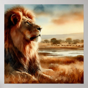 Vattenfärg Lejon på Savannah Poster