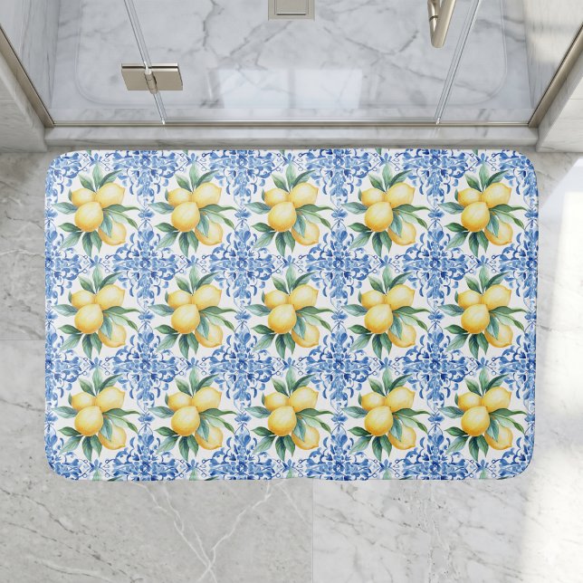Vattenfärg Lemon Blå Kakel Baddrägsmatta Badrumsmatta (elegant watercolor french country mediterranean lemon blue tile bath mat)