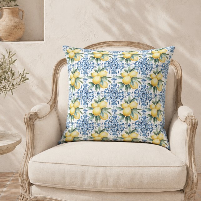 Vattenfärg Lemon Blå Kastrull Kudd Kudde (elegant mediterranean lemon french provincial blue yellow throw pillow)