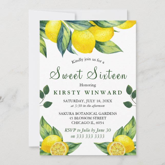 Vattenfärg Lemon Blommig Sweet 16 Inbjudningar (Framsida)