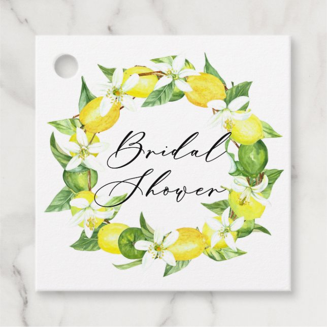 Vattenfärg Lemon Blommor Krans Bröllopsdusch Gåvor Etiketter (Framsida)