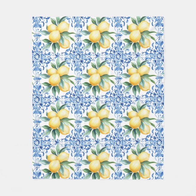 Vattenfärg Lemon Blue Kakel Flygtäcke Blankett Fleecefilt (Framsidan)