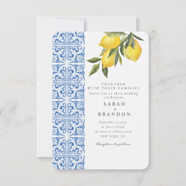 Vattenfärg Lemon Blue tile Mediterranean Bröllop Inbjudningar (Framsida)