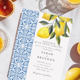 Vattenfärg Lemon Blue tile Mediterranean Bröllop Inbjudningar