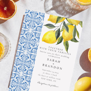 Vattenfärg Lemon Blue tile Mediterranean Bröllop Inbjudningar