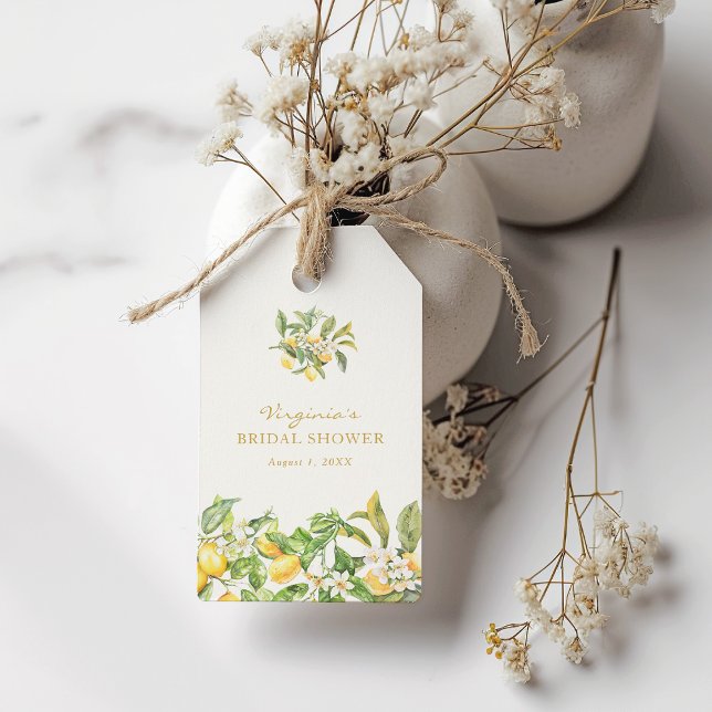 Vattenfärg Lemon Bröllopsfest Presentetikett (Watercolor Lemon Floral Bridal Shower Gift Tags by Painted Paperie)