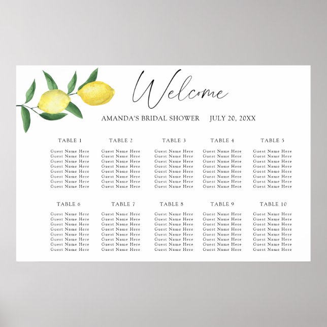 Vattenfärg Lemon CITRUS bröllopsplatskarta Poster (Framsidan)