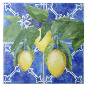 Vattenfärg Lemon Citrus Foliage Blue White Mönster Kakelplatta