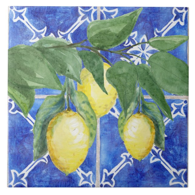 Vattenfärg Lemon Citrus Foliage Mönster Blue White Kakelplatta (Framsidan)