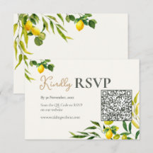 Vattenfärg Lemon Citrus QR-kod Bröllop RSVP-kort