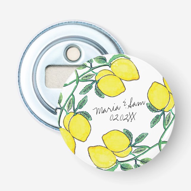 Vattenfärg Lemon Citrus Script Bröllop    Flasköppnare (Framsidan)