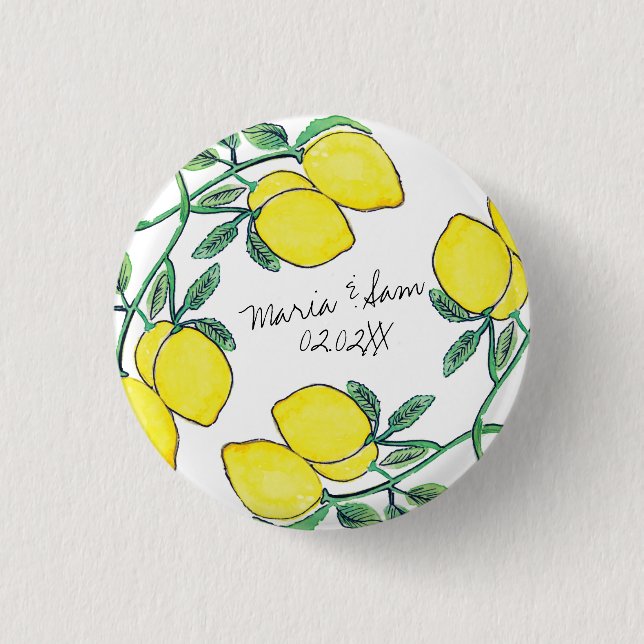 Vattenfärg Lemon Citrus Script Bröllop   Knapp (Framsida)