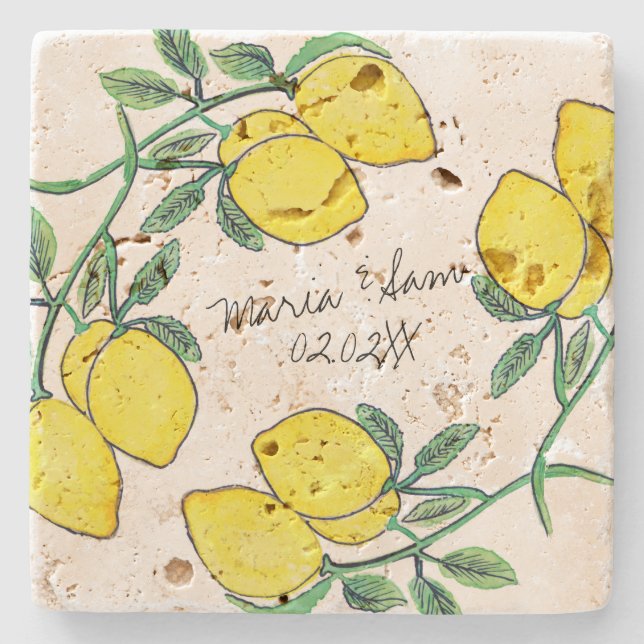 Vattenfärg Lemon Citrus Script Bröllop  Stenunderlägg (Framsidan)