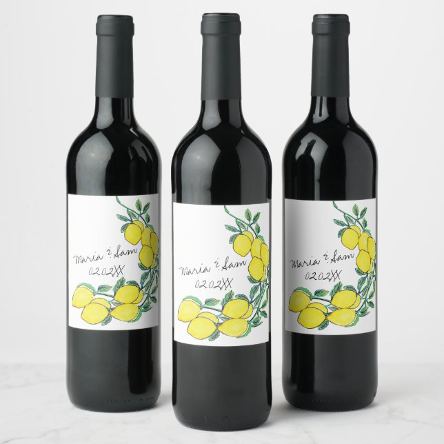 Vattenfärg Lemon Citrus Script Bröllop  Vinflaska Etikett (Flaskor)