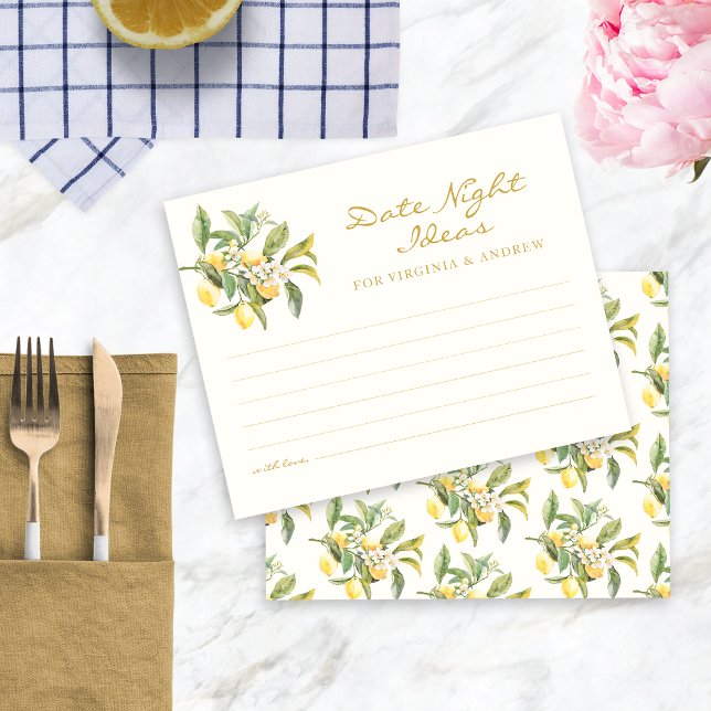 Vattenfärg Lemon Date Night-kort (Watercolor Lemon Floral Bridal Shower Date Night Ideas Card by Painted Paperie
)