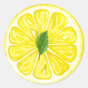Vattenfärg Lemon Fruit Slice med Lemon Löv Runt Klistermärke
