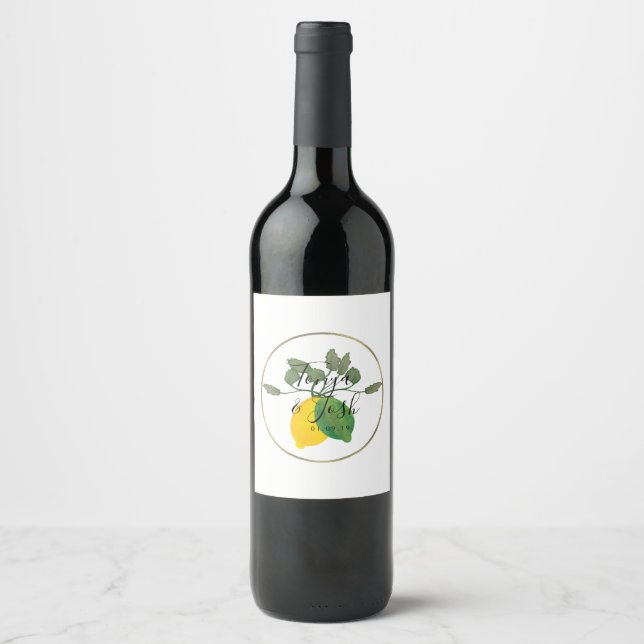 Vattenfärg Lemon Lime Limoncello Falskt Guld Bröll Vinflaska Etikett (Framsida)