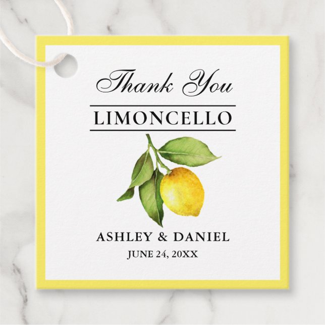 Vattenfärg Lemon Limoncello Square Bröllop Gåvor Etiketter (Framsida)