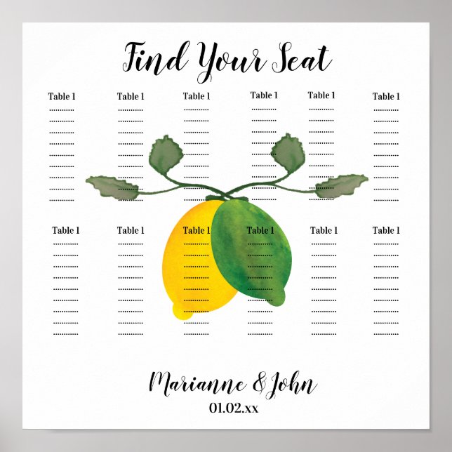 Vattenfärg Lemon Limoncillo Bröllopsplatskarta Poster (Framsidan)