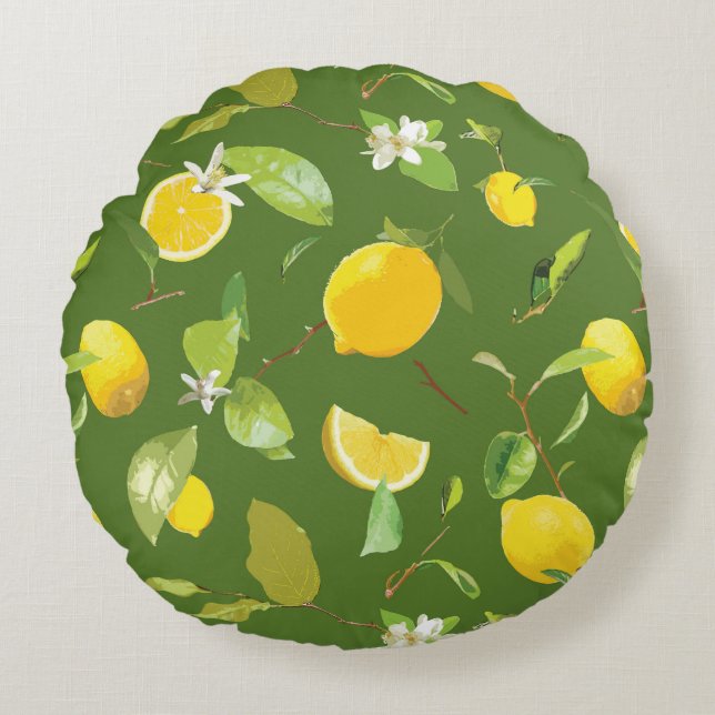 Vattenfärg Lemon & Löv 5 Rund Kudde (Framsidan)