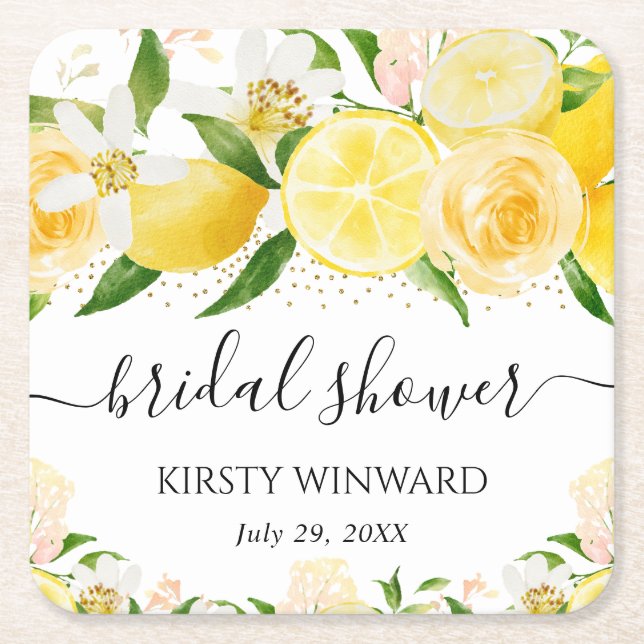 Vattenfärg Lemon och blommor Bröllopsdusch Underlägg Papper Kvadrat (Framsidan)