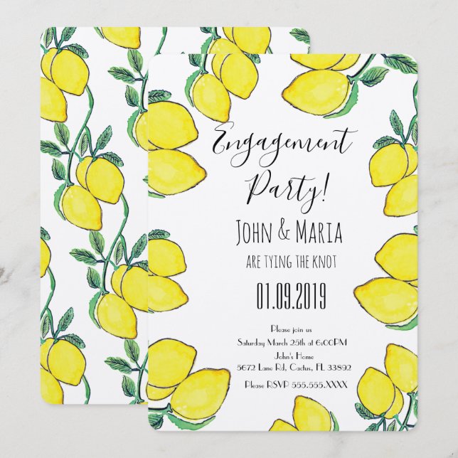 Vattenfärg Lemon Vine  Kant Förlovningsparty Inbjudningar (Fram/baksida)