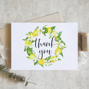 Vattenfärg Lemons och Blommor Krans Bröllop Tack Kort