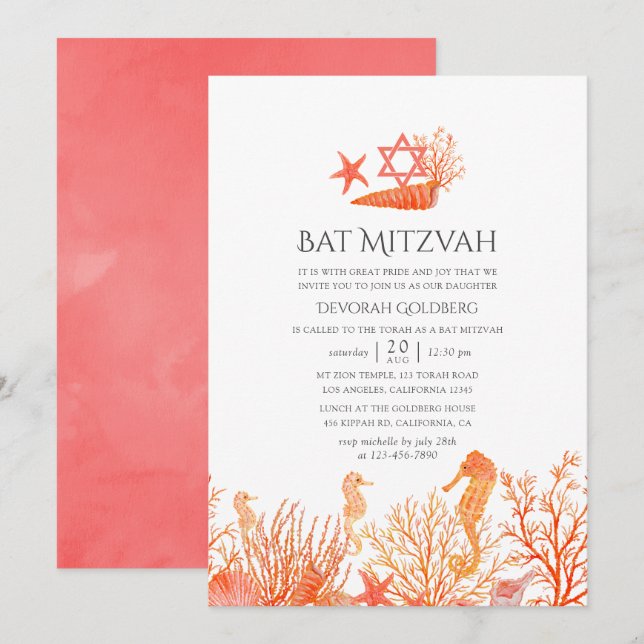 Vattenfärg Levande korall under havet Bat Mitzvah Inbjudningar (Fram/baksida)