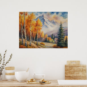 Vattenfärg Liggande höstskog med berg Poster