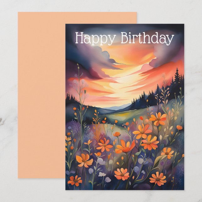 Vattenfärg liggande med Buttercups och Sunset Julkort (Fram/baksida)