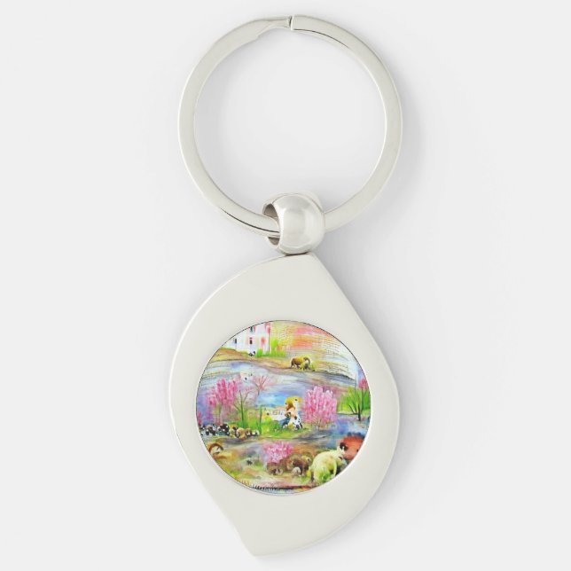 Vattenfärg liggande swirl silverfärgad nyckelring (Framsidan)