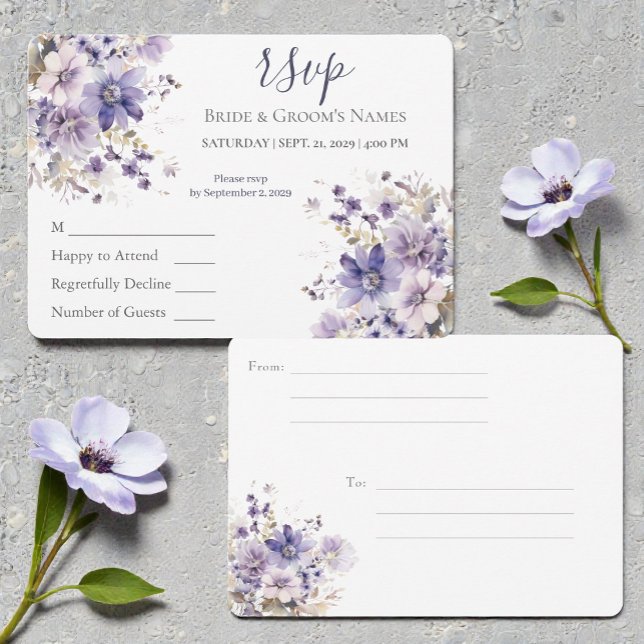 Vattenfärg Lila & Blå Blommig Bröllops-RSVP Inbjudningar (Skapare uppladdad)