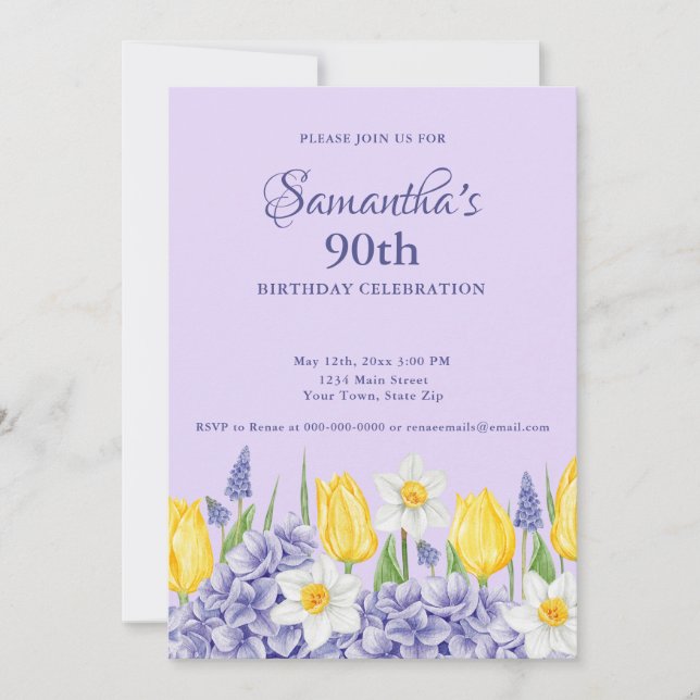 Vattenfärg Lila Blommig 90-års Födelsedagsfest Inbjudningar (Framsida)