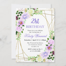 Vattenfärg Lila Blommor Guld Ram 21-årsdag Inbjudningar
